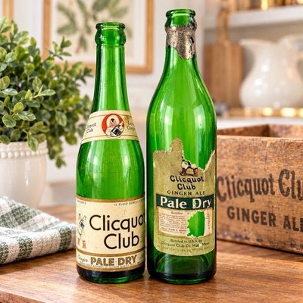 Vintage Clicquot Club Pale Dry Ginger Ale Green Glass Bottles Labels Set of 2